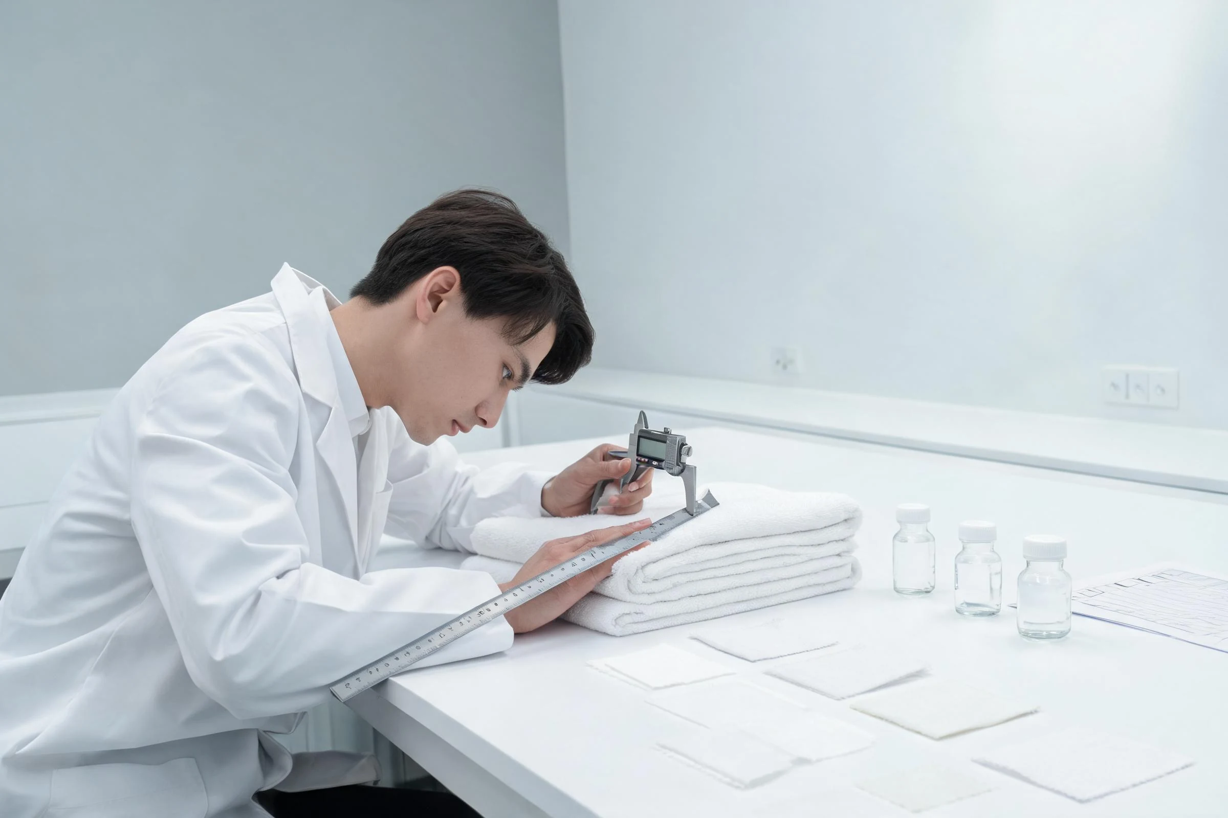 Hotel supplies being measured during a quality inspection