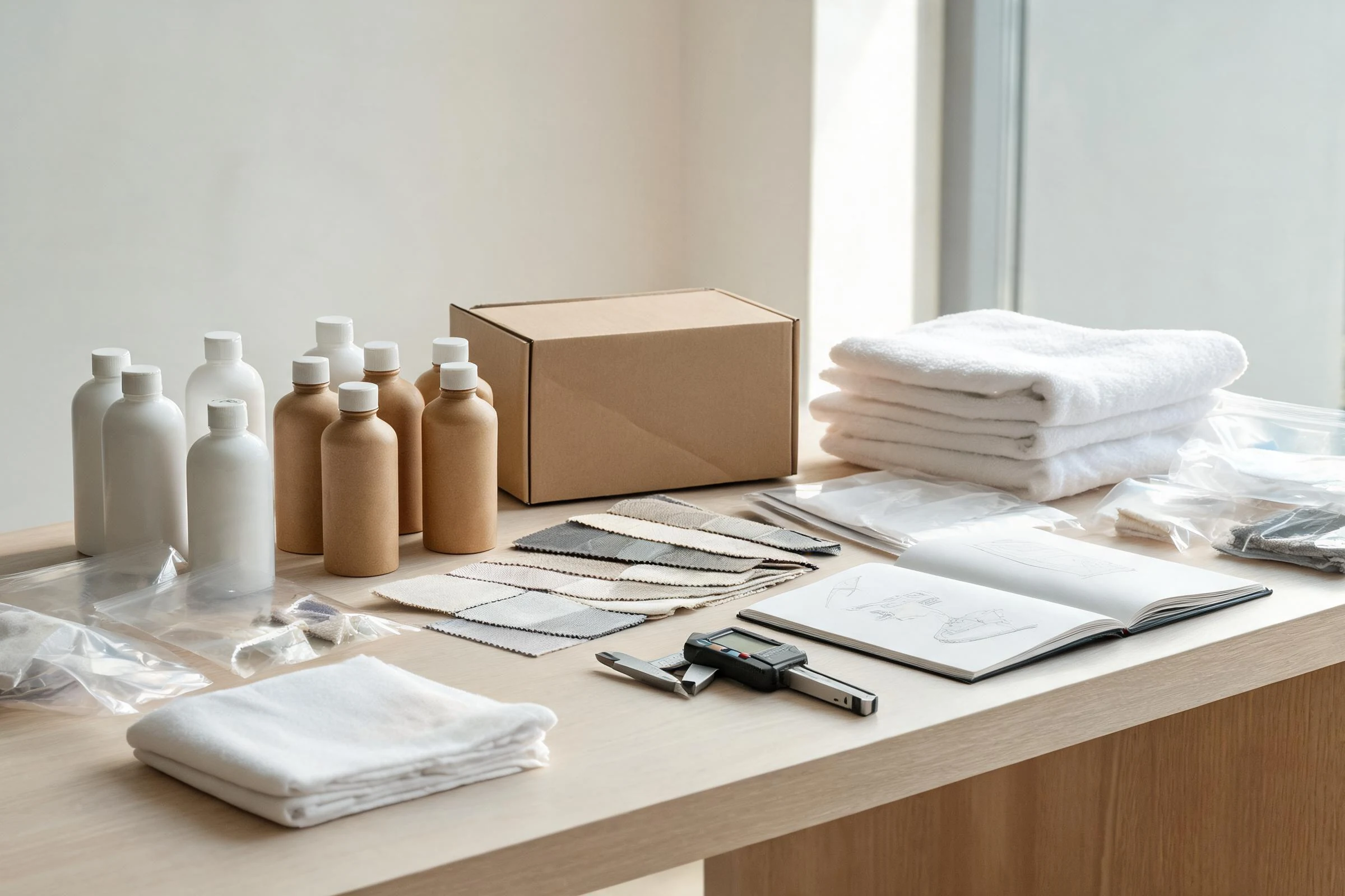 Hotel supply development workspace with prototypes and material samples