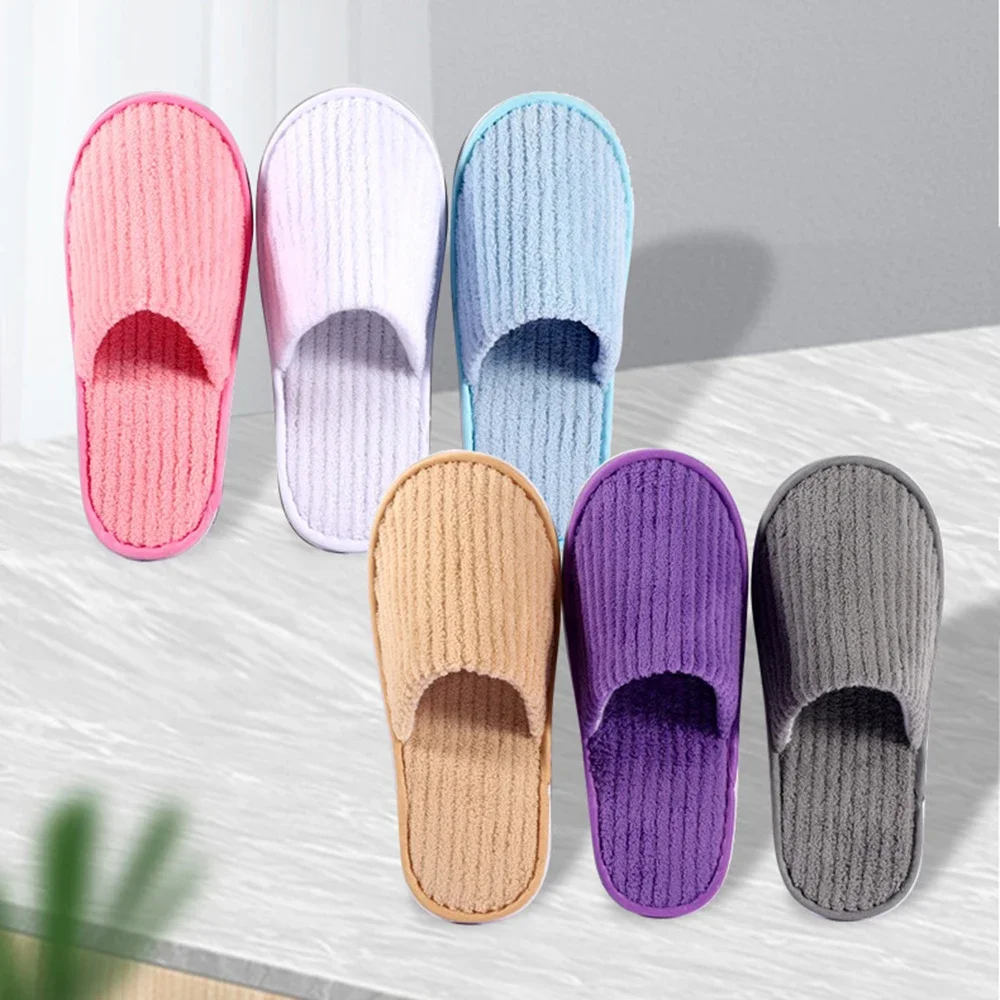 Custom Eco-friendly Striped Coral Fleece Spa Slippers For Adults Kids Disposable Comfortable Shoes 5 Star Hotels Weddings