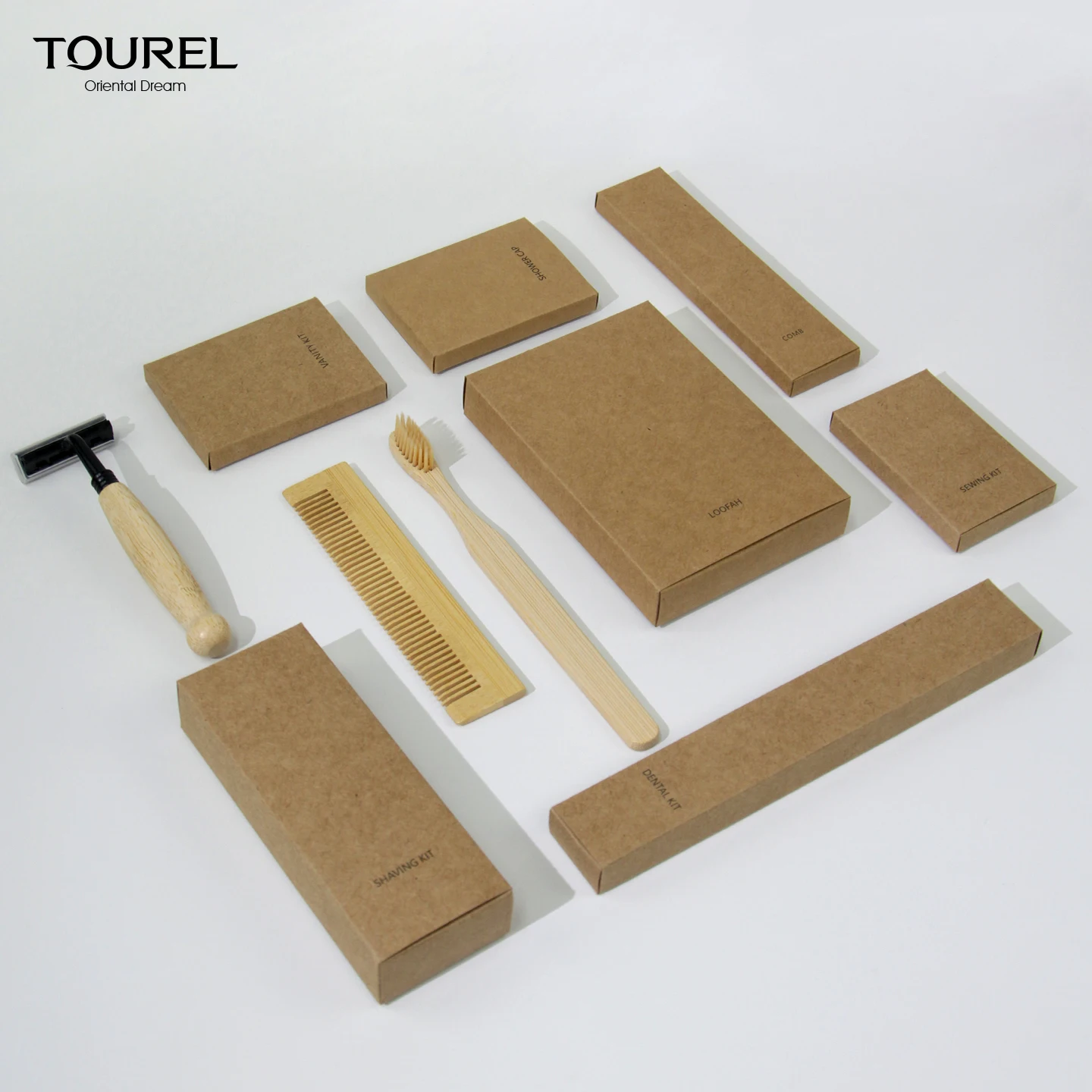 Eco-friendly Disposable Bamboo Hotel Toiletries Kit Dry Amenities Set Toothbrush Comb Razor Biodegradable Shower Cap