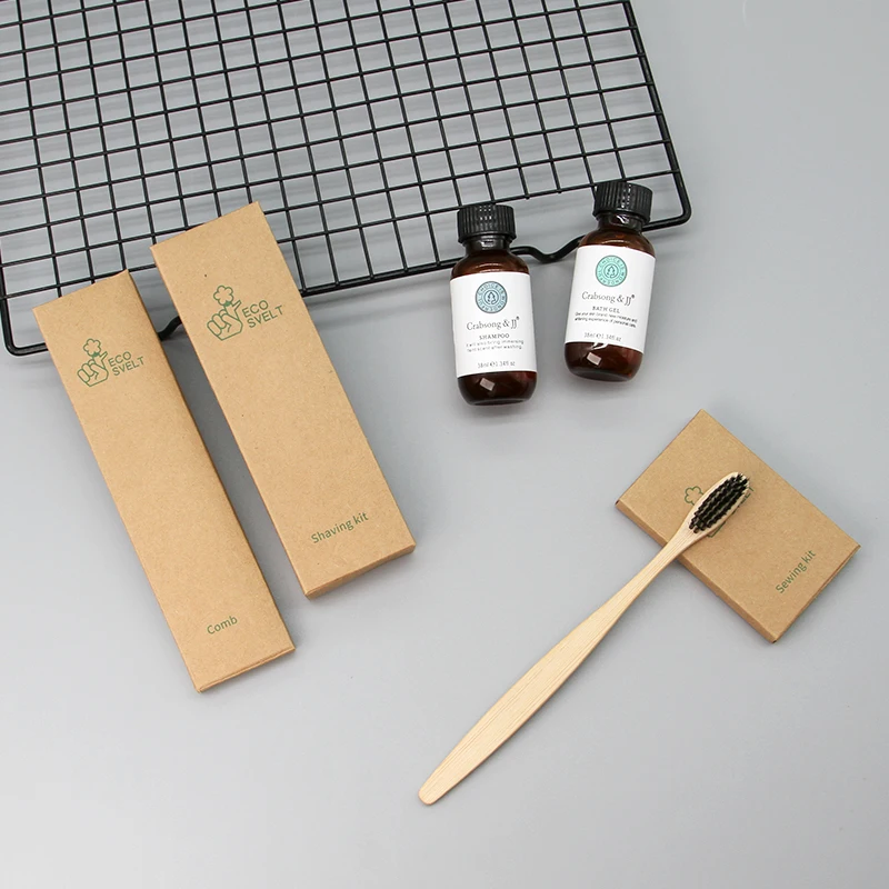 Eco-friendly Bamboo Hotel Amenity Set With Slippers Shampoo Conditioner Body Lotion Custom 5-star Bamboo Kit In Kraft Paper Box