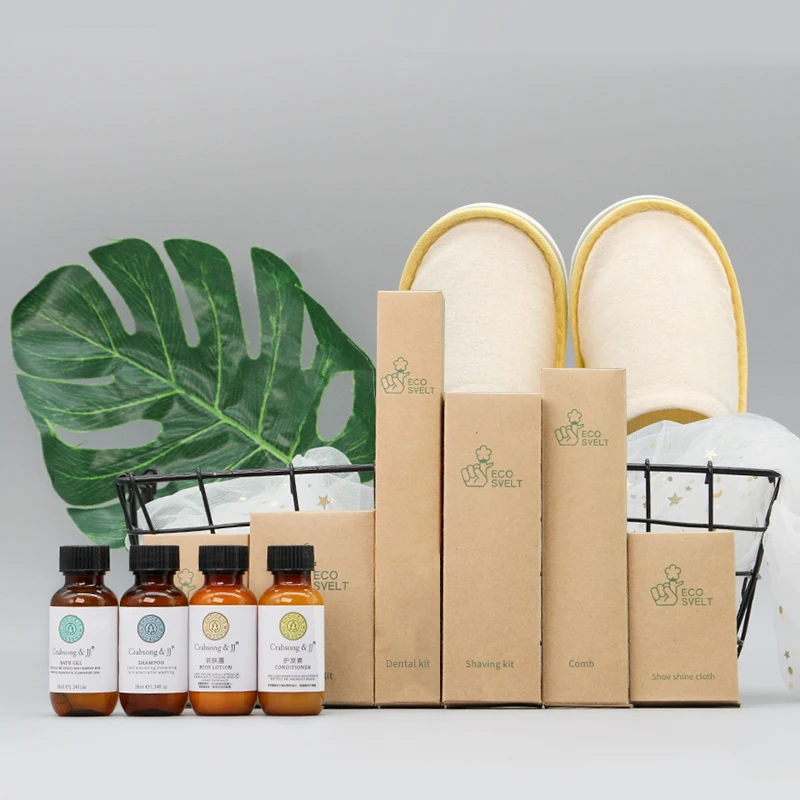 Eco-friendly Bamboo Hotel Amenity Set With Slippers Shampoo Conditioner Body Lotion Custom 5-star Bamboo Kit In Kraft Paper Box
