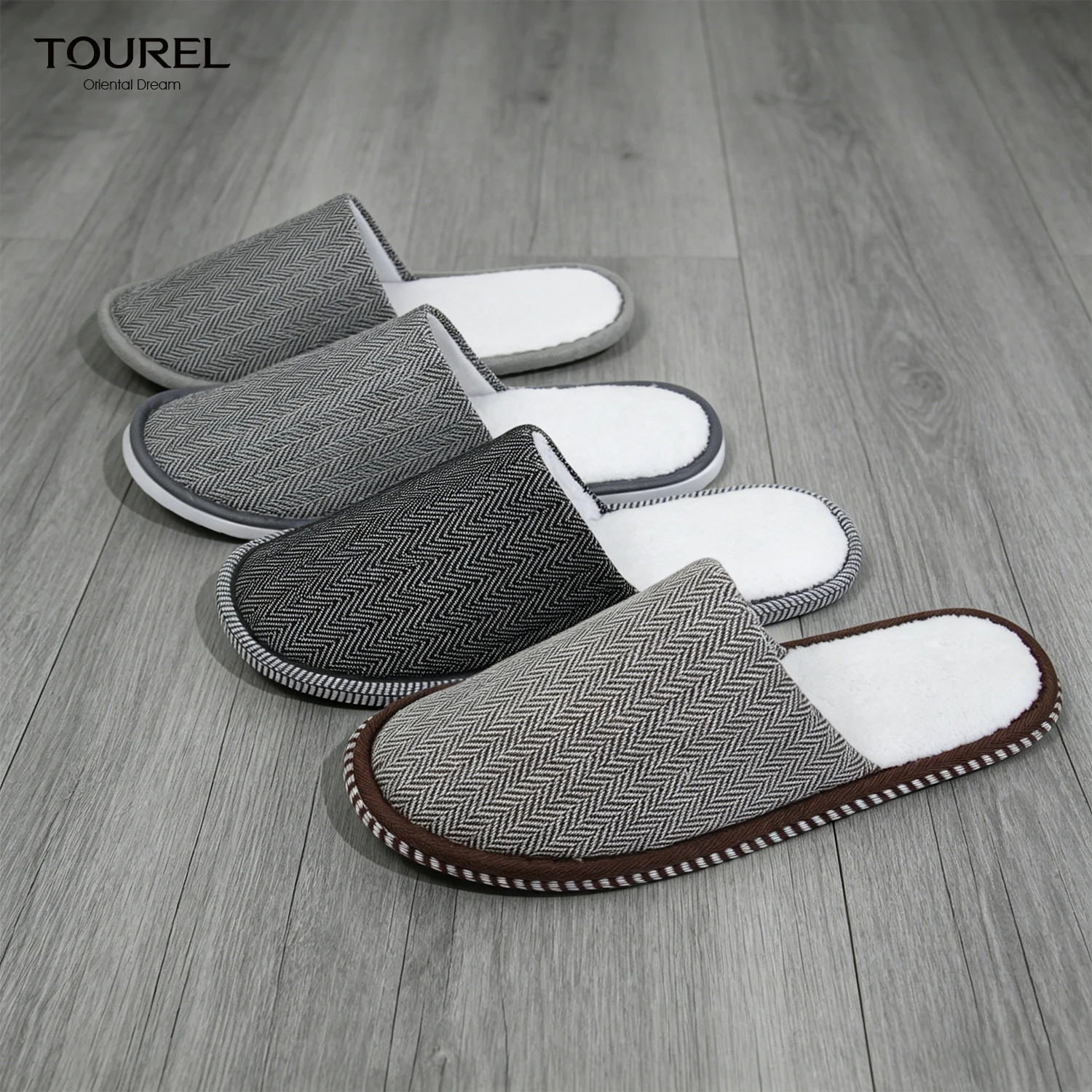Premium Herringbone Double Twill Fabric Hotel Slippers Soft Linen Coral Fleece Warm Guest Slippers