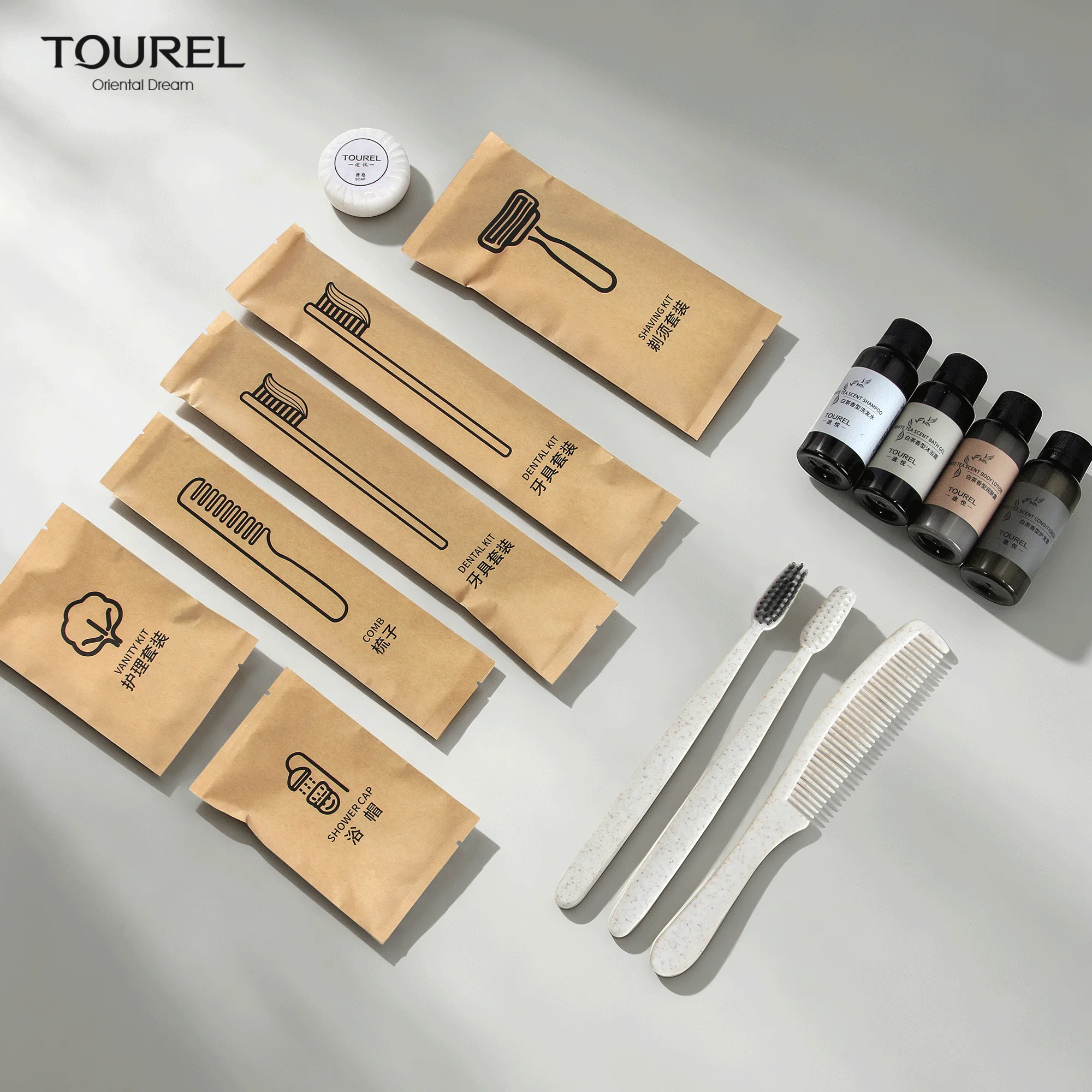 Wholesale Biodegradable Hotel Disposable Toiletries Set Kraft Paper Bag Straw Toothbrush Comb Custom Logo For Hotel