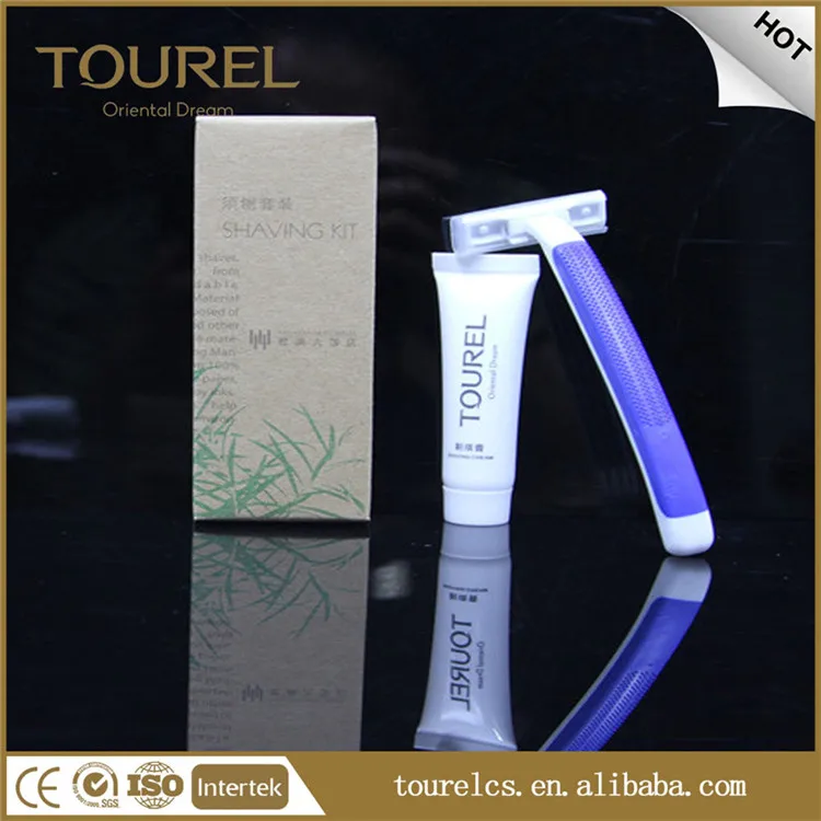 Kit de afeitado desechable para hotel con mango grueso y económico, empaquetado en caja de papel, con crema de afeitar