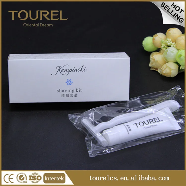 Kit de afeitado desechable para hotel con mango grueso y económico, empaquetado en caja de papel, con crema de afeitar