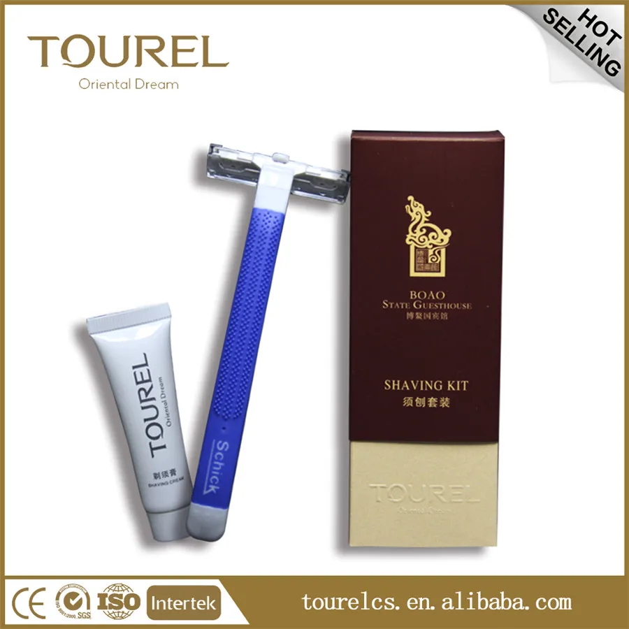 Kit de afeitado desechable para hotel con mango grueso y económico, empaquetado en caja de papel, con crema de afeitar