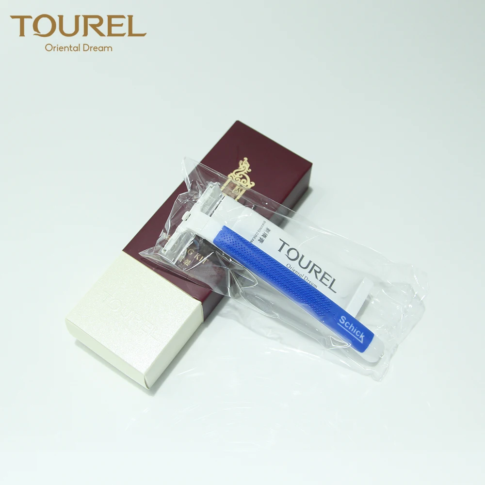 Kit de afeitado desechable para hotel con mango grueso y económico, empaquetado en caja de papel, con crema de afeitar