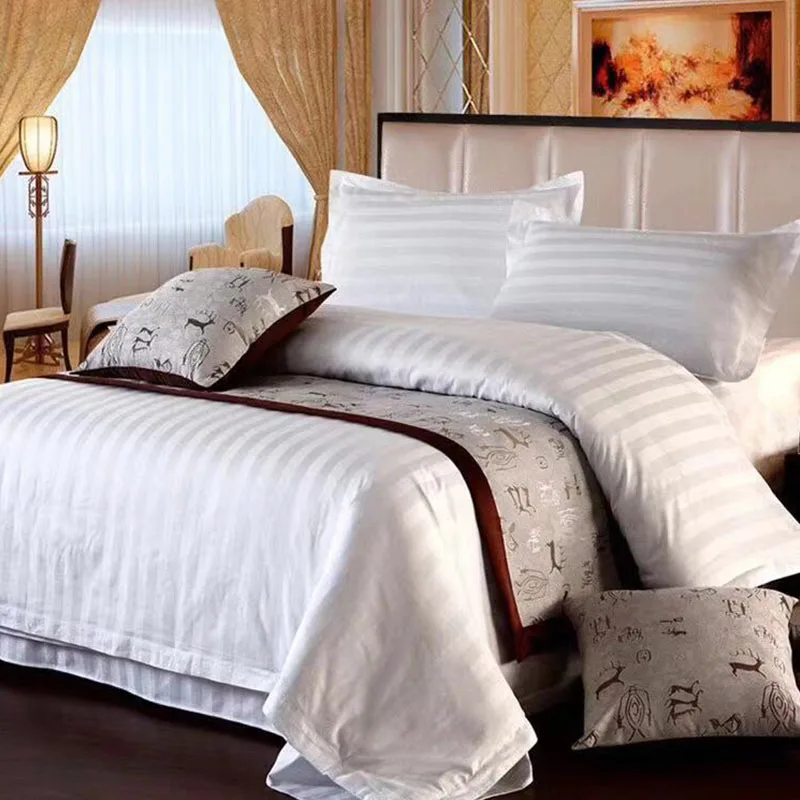 Yangzhou Factory 100% Cotton 3cm Strip Hotel Bed Linen High End Bed Sheets Duvet Covers Bedding Sheet Set