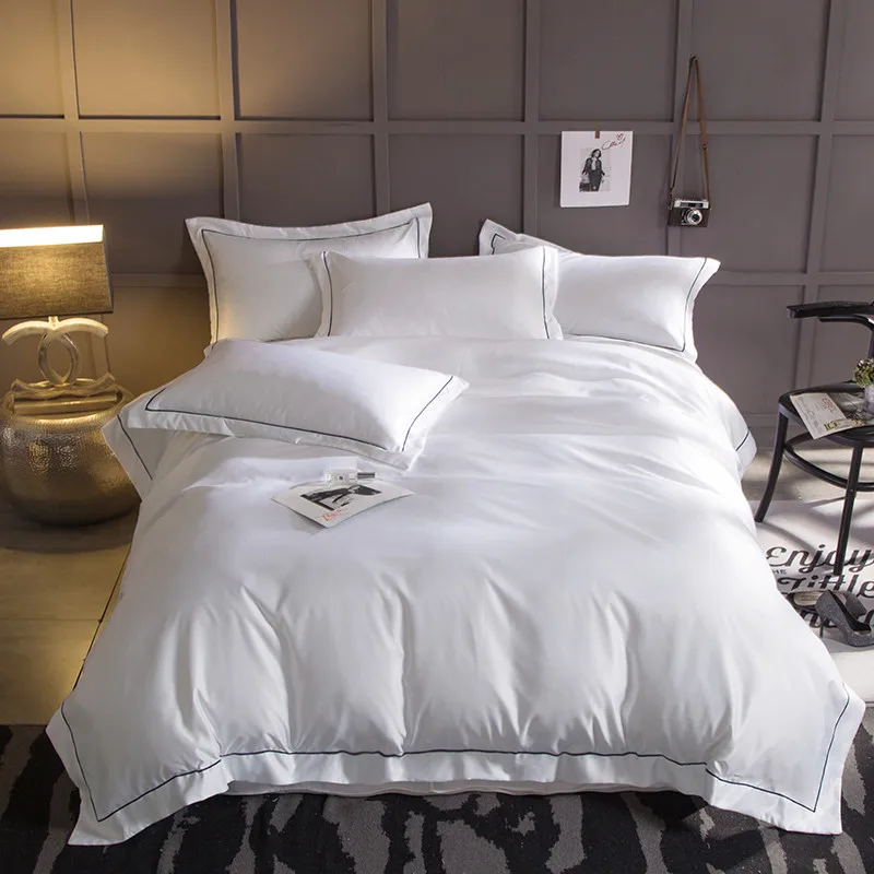 Manufacturer 250tc 100% Cotton 3cm Satin Stripe Linen High Quality Hotel White King American Size Wholesale Queen Bed Sheet Set