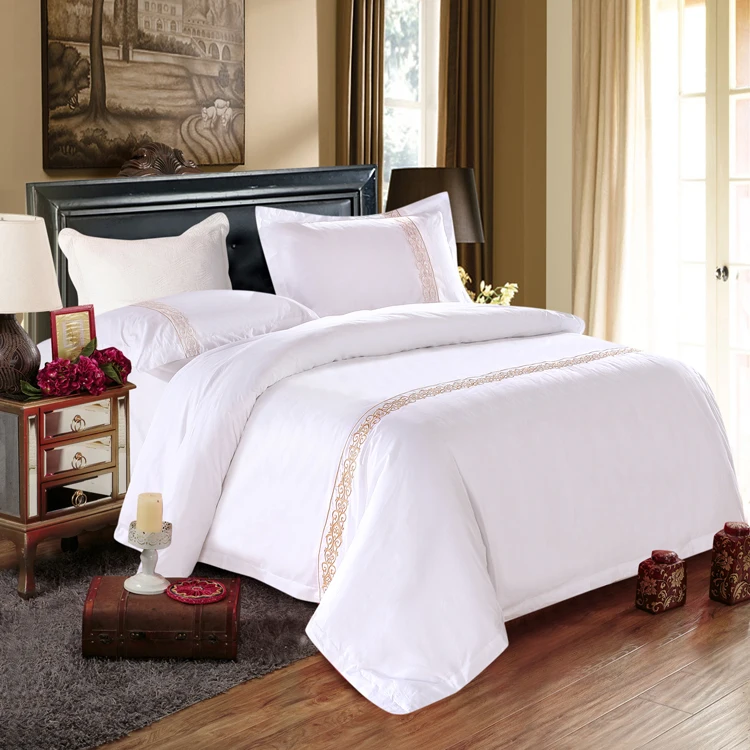 Quality Custom Print 300tc Folded Double Size Satin Stripe 5 Star 100% Cotton 4pcs Hotel Bedding Linen Luxury Cover Bed Set